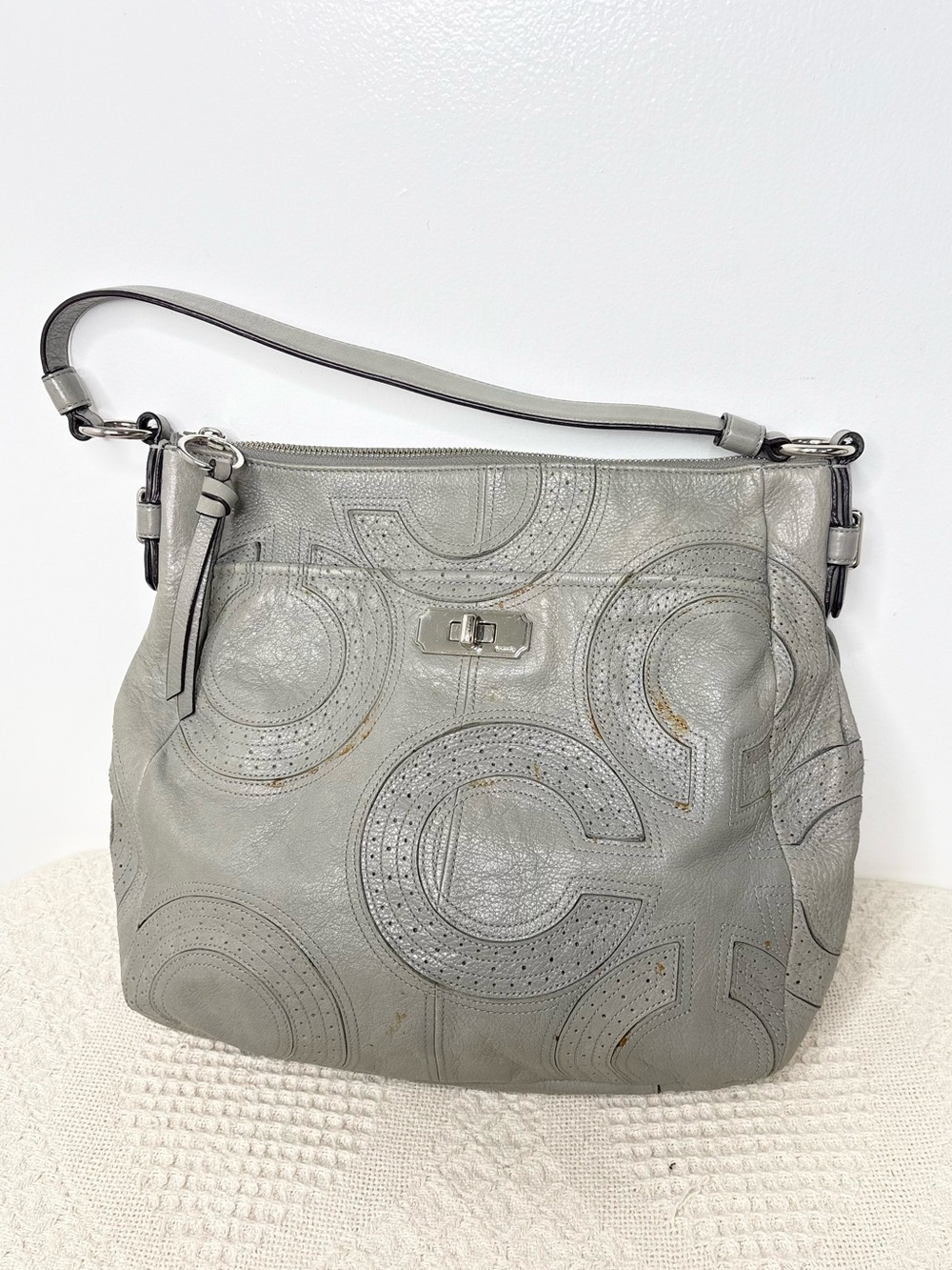 PROJECT Coach Dot Op Art Signature Patent Leather Hobo Shoulder Bag 18022 Gray